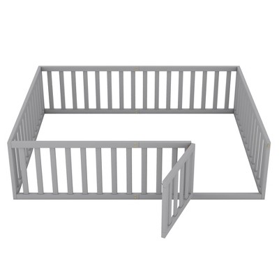 Bellemave Queen Floor Bed with High Fence and Door, Wood Montessori Floor Bed with Rails, Cute Montessori Bed Queen Size,  Gray