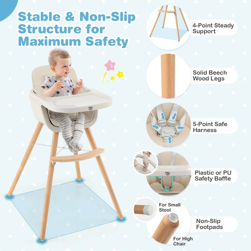 Infans 3 in 1 Convertible Wooden High Chair Baby Toddler w/ Cushion Beige, 4 of 8