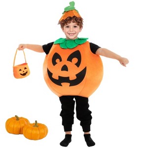 Joyfy Halloween Pumpkin Costume with Basket for Kids Boys Girls, Halloween Dress Up Pumpkin Party Hood Outfit for Children - 1 of 4