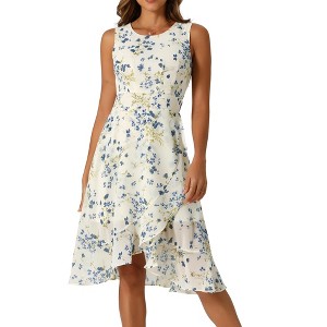 Allegra K Women's Wrap Ruffle High Low Hem Round Neck Keyhole Back Sleeveless Floral Dress - 1 of 4