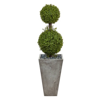 4' Indoor/Outdoor Double Boxwood Topiary Artificial Tree in Cement Planter - Nearly Natural