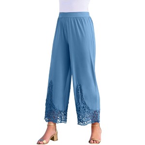 Roaman's Women's Plus Size Wide Leg Ultrasmooth Fabric Lace Pant - 1 of 4