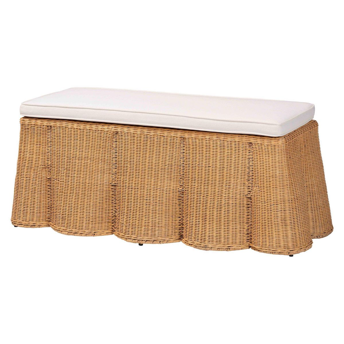 bali & pari Palm Scallop Natural Rattan Rectangle Ottoman with Cushion Light Honey