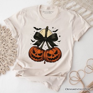Pumpkin Cherries Coquette Bow T-Shirt, Retro Halloween Fall Season Tee for Sweet Autumn Girls| OrnamentallyYou - 1 of 4