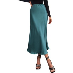 Women's 2025 Satin Midi Skirt - Elegant High Waist A-Line for Cocktail & Wedding Events Lake Blue - 1 of 4