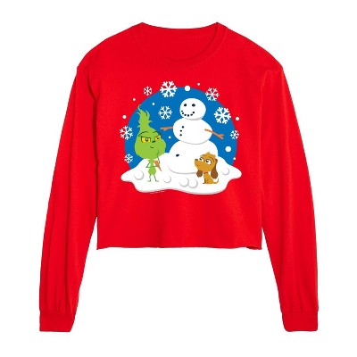 Dr. Seuss The Grinch Christmas Snowy Scene Little Grinch & Little Max Cropped Long Sleeve T-Shirt - Red - 2 X-Large