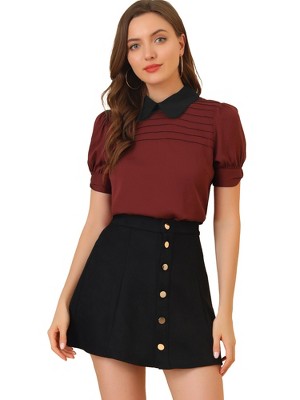 INSPIRE CHIC Women's Vintage Peter Pan Collar Contrast Puff Short Sleeve Blouse