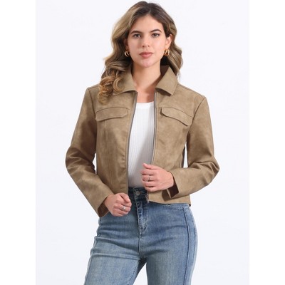 Allegra K Women's Faux Leather Zip Up Long Sleeve Vintage Moto Biker Jackets X-Large Tan — фото 4