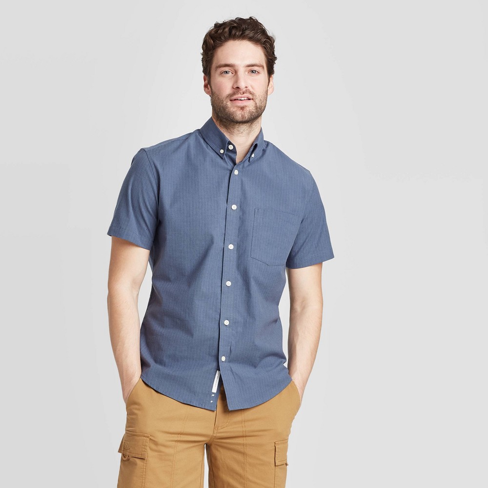 Men's Striped Standard Fit Short Sleeve Button-Down Shirt - Goodfellow & Co Dark Blue 2XL was $19.99 now $12.0 (40.0% off)