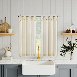 2pc 54"x36" Archaeo Light Filtering Cotton Blend Button Tab Top Cafe Curtain Panel Pair Cream: Transitional Style - 1 of 4