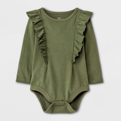 Image of Baby Girls' Ruffle Long Sleeve Bodysuit - Cat & Jack™ Olive Green 0-3M