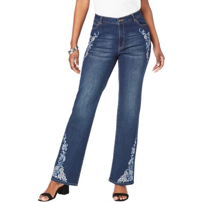Roaman's Women's Plus Size Invisible Stretch Two-Tone Embroidered Bootcut Jeans