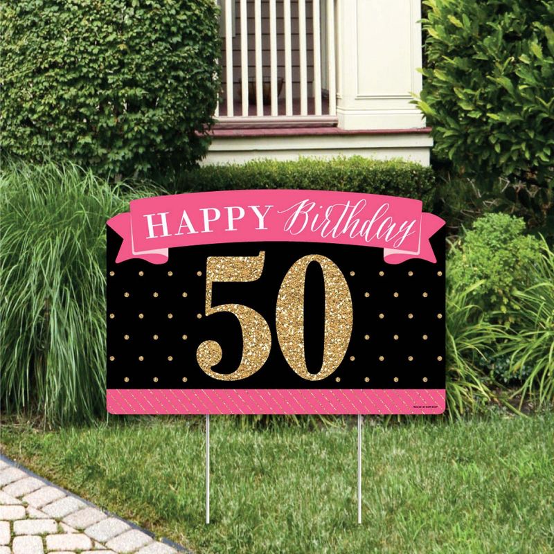 Big Dot of Happiness Chic 50th Birthday - Pink, Black and Gold - Birthday Party Yard Sign Lawn Decorations - Happy Birthday Party Yardy Sign, 1 of 8