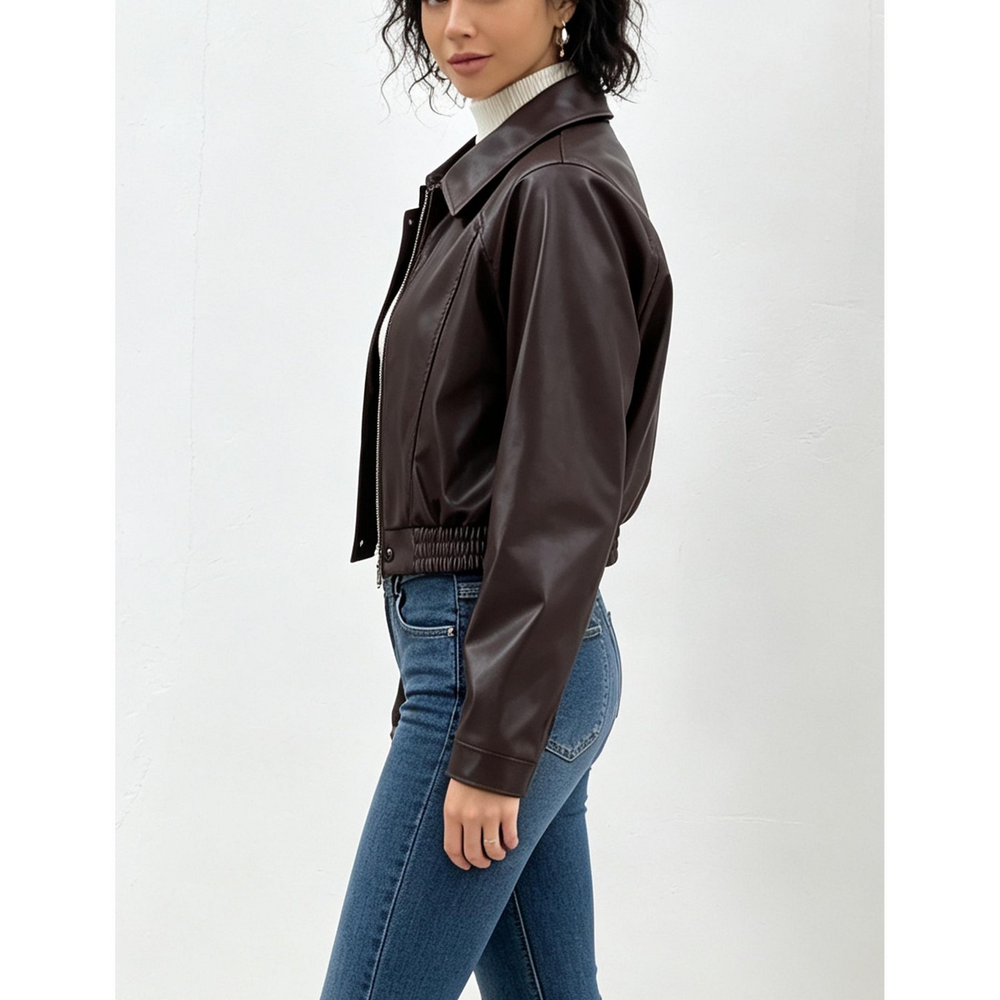 Женская куртка YesFashion Vintage Lapel Zip-Up Cropped Moto Jacket Long Sleeve Short Outerwear Street Casual Layering Top, M, Brown, цвет: Коричневый — фото 5