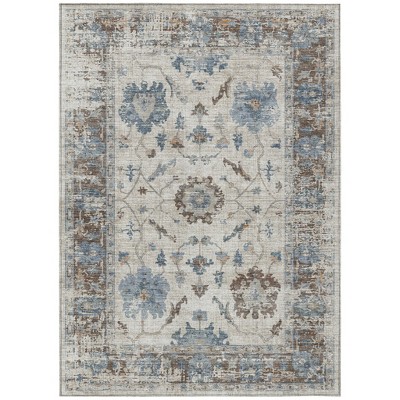 Beige And Blue Floral Washable Indoor Outdoor Area Rug