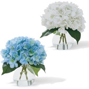 GAOMON 2 Pack Artificial Hydrangea Flowers in Glass Vase with Faux Water, Fake Hydrangeas, Faux Flower Arrangements - 1 of 4