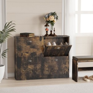 Okak Mid-Century Narrow Hidden Shoe Cabinet Side Board with 4 Flip Drawers,Freestanding Shoe Rack for Foyer, Entrances - 1 of 4