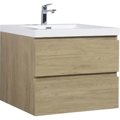 Vynxaria 30" Natural Oak Floating Bathroom Storage Cabinet with Resin Sink and Soft-Close Drawers