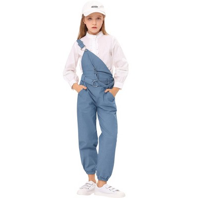 Girls Bib Overalls Kids Jumpsuit & Rompers Solid Denim Long Pants with Pockets & Belt 3-12Y