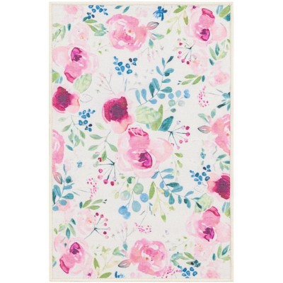 Ivory Floral Synthetic Rectangular Outdoor Rug 2' x 3'