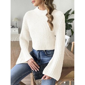 Women's Mock Neck Sweater Bell Sleeve Short Crop Pullover Top For Fall And Winter - 1 of 4