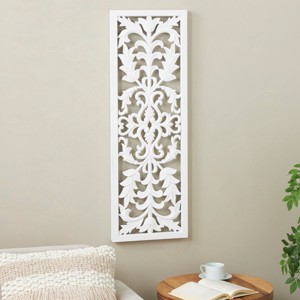 Olivia & May 42"x14" Wood Floral Carved Panel Wall Decor with Scroll Details White: Vertical Botanical Art, Fir Craftsmanship - 1 of 4