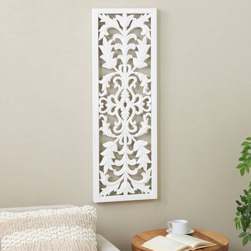 Olivia &#38; May 42&#34;x14&#34; Wood Floral Carved Panel Wall Decor with Scroll Details White, 2 of 6