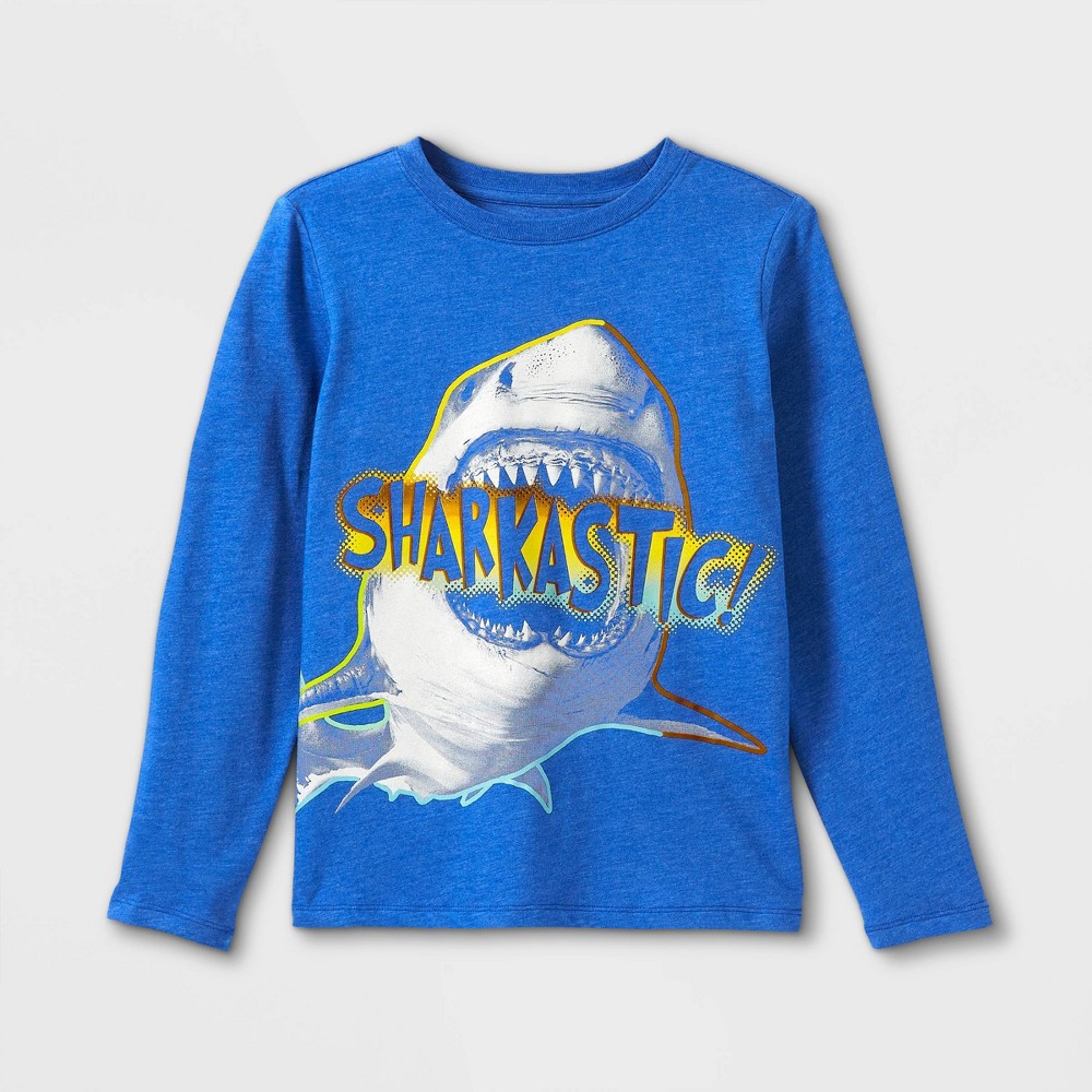 Size Medium Boys' 'Sharkastic' Graphic Long Sleeve T-Shirt - Cat & Jack Cobalt Blue M