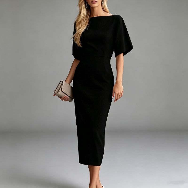 Women's Boat Neck Midi Formal Dress, Elegant Short Sleeve Fitted Evening Cocktail Party Dress Black L