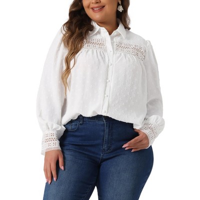 Agnes Orinda Women's Plus Size Button Front Crochet Embroidery Eyelet Long Sleeve Swiss Dots Boho Blouses