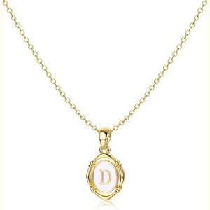 14K Gold Plated Oval Initial Necklace White Enamel Personalized Jewelry - 1 of 4
