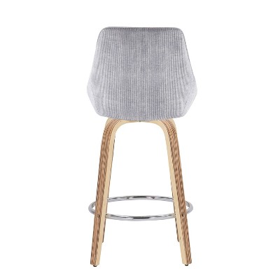 Zebra Wood and Grey Corduroy Swivel Counter Stools, Set of 2
