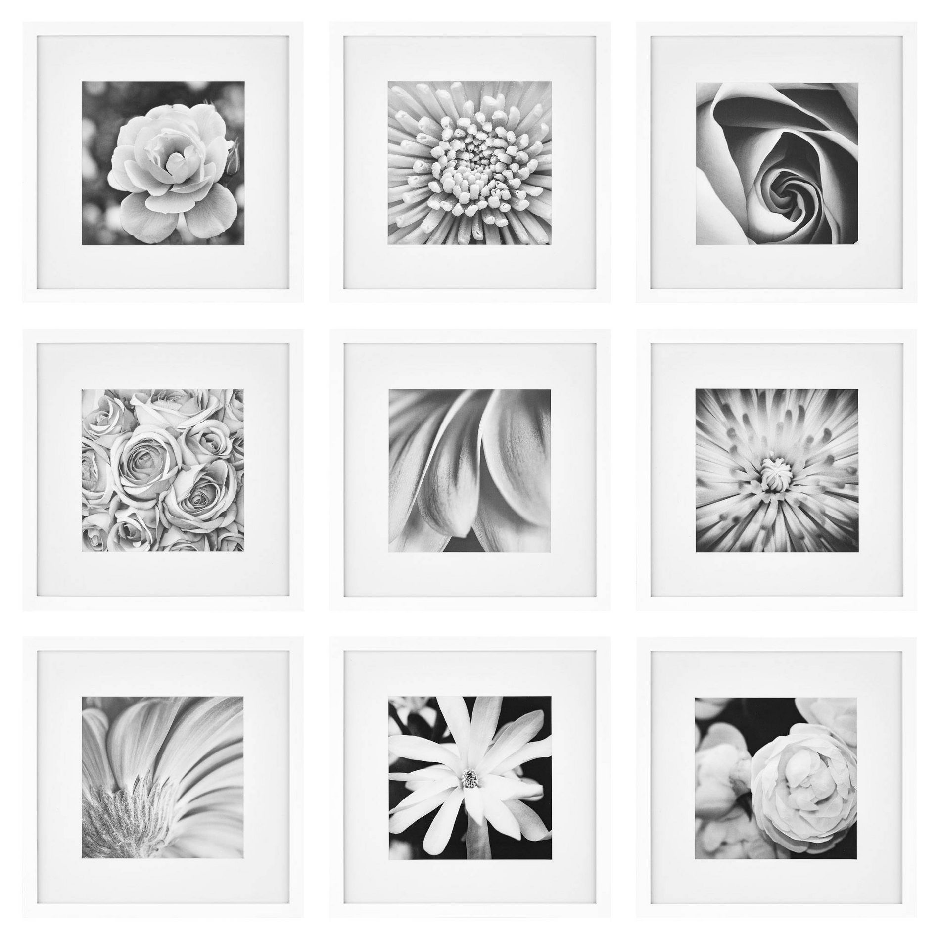 Gallery Perfect (Set of 9) White Square Photo Frame Gallery Wall Kit with Decorative Art Prints and Hanging Template: MDF & Glass, 8x8 Pic Display