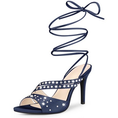 Perphy Women's Rhinestone Strappy Lace Up Slingback Stiletto Heel Sandals