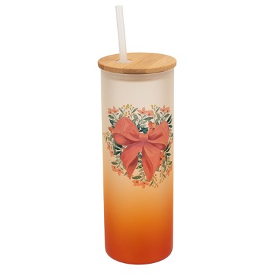 Elanze Designs 25 Ounce Frosted Glass Gradient Travel Tumbler With Straw and Wooden Lid, Pink Bow Floral Orange