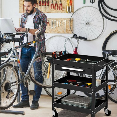 Black Heavy Duty Steel Three Tray Rolling Tool Cart with Drawer