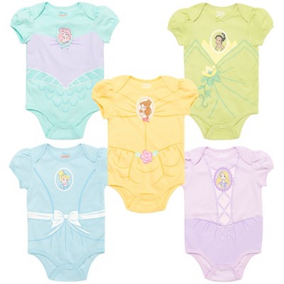 Disney Princess Ariel Belle Cinderella Rapunzel Tiana Snow White Aurora Baby Girls 5 Pack Bodysuits Newborn to Infant