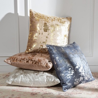 Contemporary Beige and Gold Cotton-Blend Metallic Square Pillow