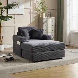 Corduroy Upholstered Chaise Lounge Chair with Deep Seat, Detachable Cushions, Magazine Bag & Cup Holders for Living Room or Office - 1 of 4