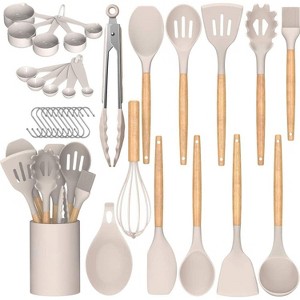 Itopfox 33-Piece Silicone Kitchen Utensil Set with Wooden Handles, Non-Stick Cooking Tools, Spatula, Ladle, Spoon, Tongs, Measuring Cup, Hooks & Mat - 1 of 4