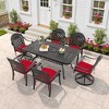 6-Person Cast Aluminum Patio Dining Set with Rectangle Table, 2 swivel chairs and 4 fixed dining chairs, Red Cushions and Umbrella Hole - 2 of 4