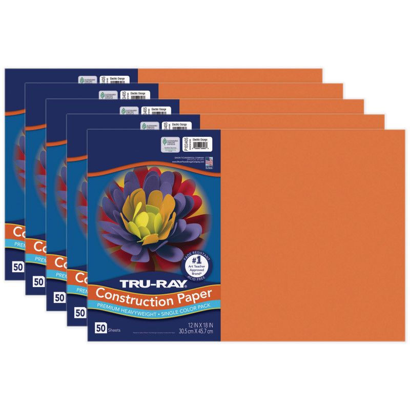 Tru-Ray Construction Paper, Electric Orange, 12" x 18", 50 Sheets Per Pack, 5 Packs, 1 of 2