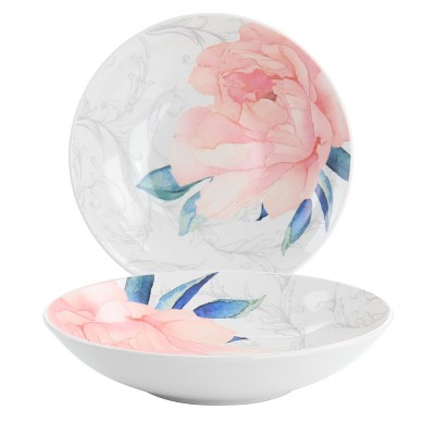 Gibson Peony 2 Piece 9 Inch Fine Ceramic Dinner Bowl Set in Pink