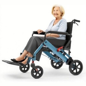 Ultra-Light Foldable Transport Wheelchair for Adults, 16" Seat, Red Frame with Black & Blue Accents - 1 of 4
