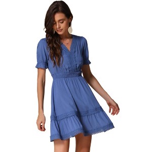 INSPIRE CHIC Women's V Neck Smocked Elastic Waist Short Sleeve Boho Crochet Trim Mini Dress - 1 of 4