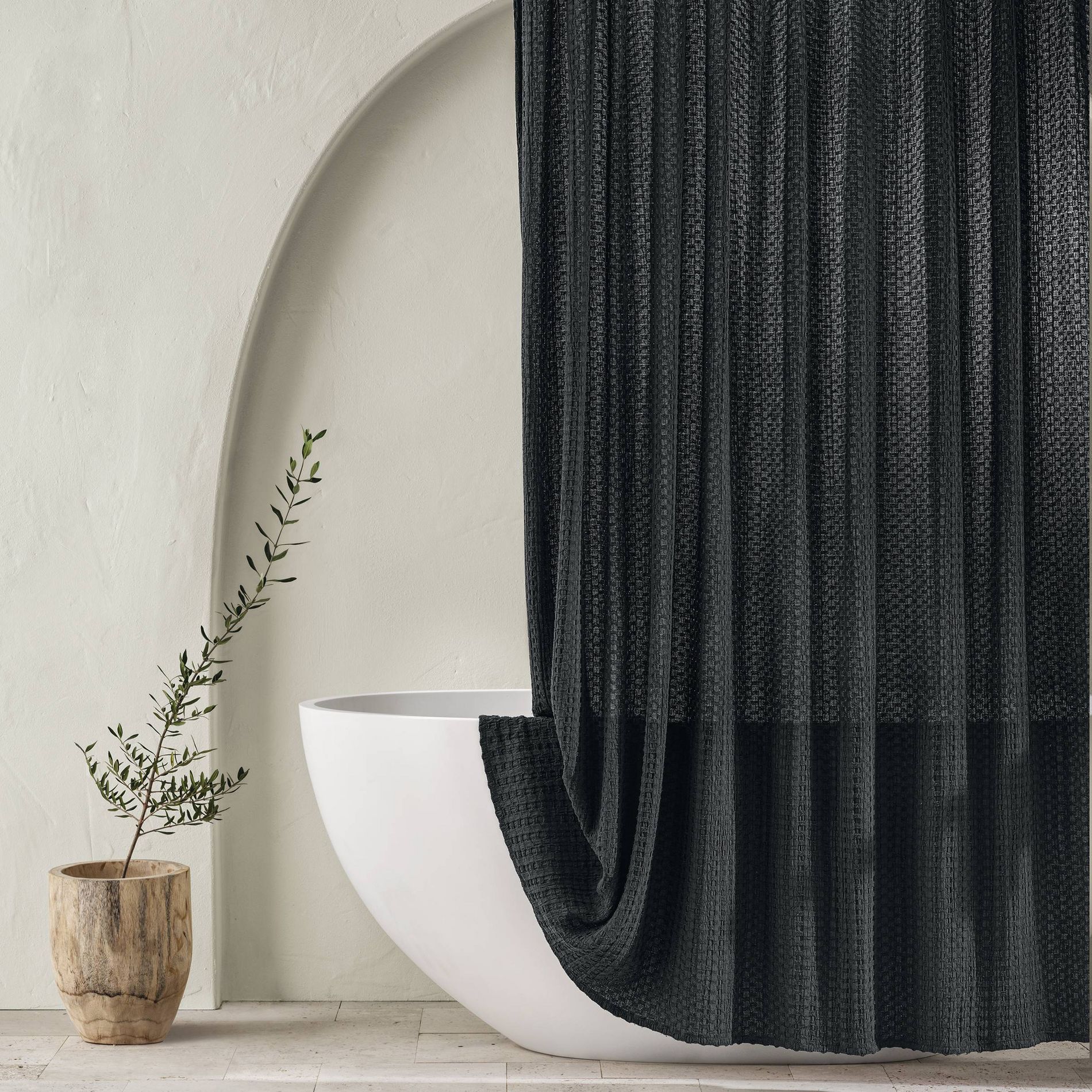 Waffle Shower Curtain Washed Black - Casaluna™: Cotton & Polyester, Machine Washable, Buttonhole Top
