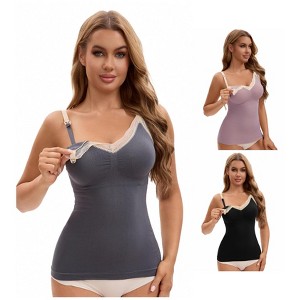 INSPIRE CHIC Women's 3 Pcs Lace V Neck Pregnancy Cami with Built-In Bra Maternity Nursing Tank Top for Breastfeeding - 1 of 4