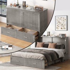 Mjkone Murphy Cabinet Bed, Queen Murphy Bed with Tri-Folding Mattress and Charging Ports, Drawer - 1 of 4
