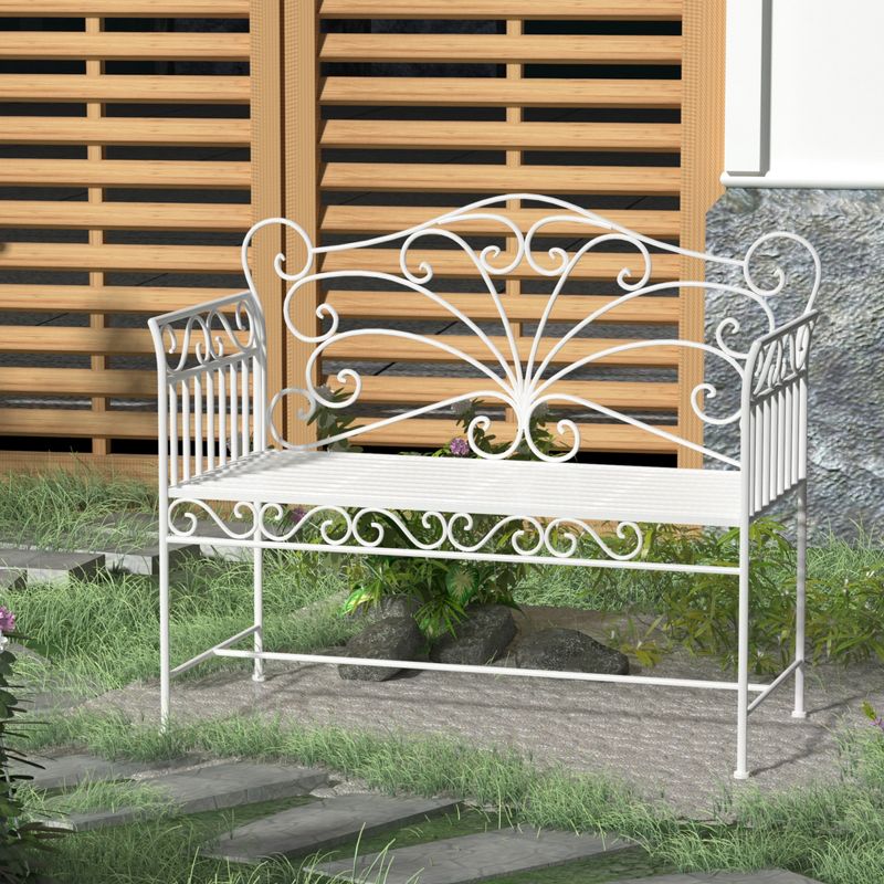 Outsunny 44.75" Antique-Style Outdoor Patio Garden Bench, Metal Loveseat with Ivy Pattern on the Backrest, Cream White, 2 of 7