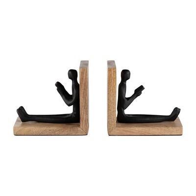 Sagebrook Home Set of 2 Reading Man Bookends - 6" Wooden and Aluminum Black and Brown Decorative Bookends for Home Office